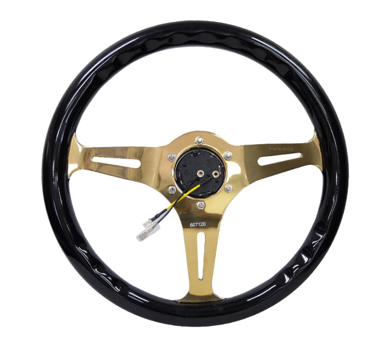 NRG Classic Wood Grain Steering Wheel (350mm) Black Grip w/Chrome Gold 3-Spoke Center