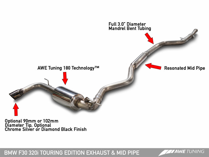 AWE Tuning 13-18 BMW 320i (F30) Touring Edition Exhaust w/ Perfomance Mid Pipe - Diamond Black Tips